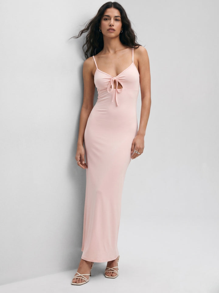 Pink Shoulder Strap Front Tie-Up Dress