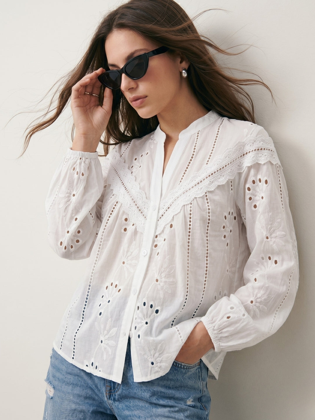 White Full Sleeves Schiffli Blouse
