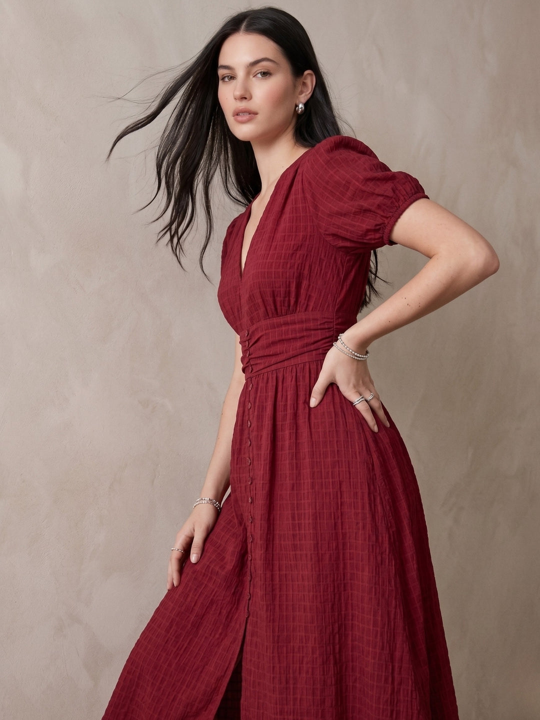 Wine Puff Sleeve Waist Fitted Dress