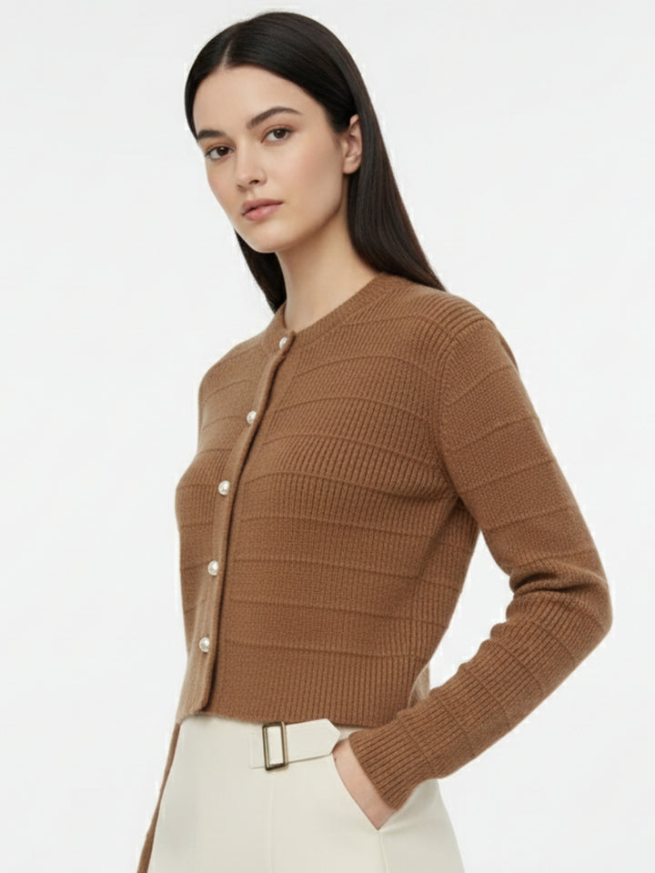 Brown Full Sleeve Textured Front Button Cardigan
