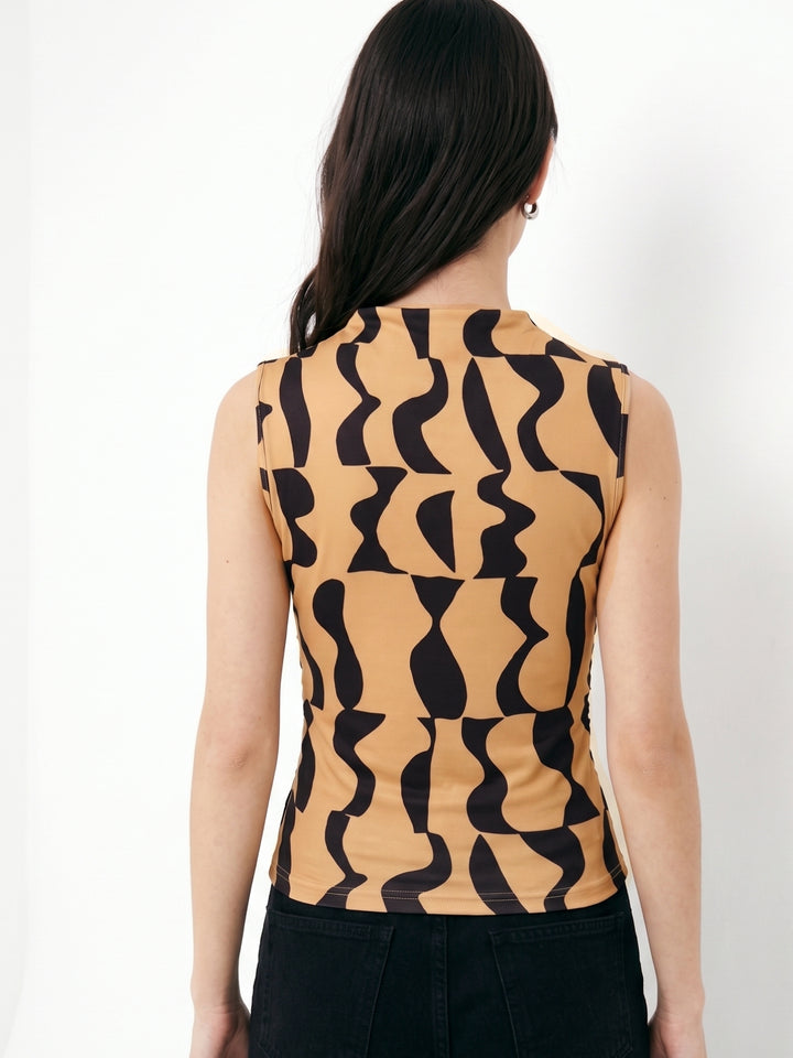 Beige High Neck Geometric Printed Top