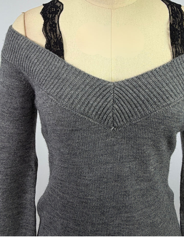 Charcoal Cold Shoulder Sweater With Lace Straps