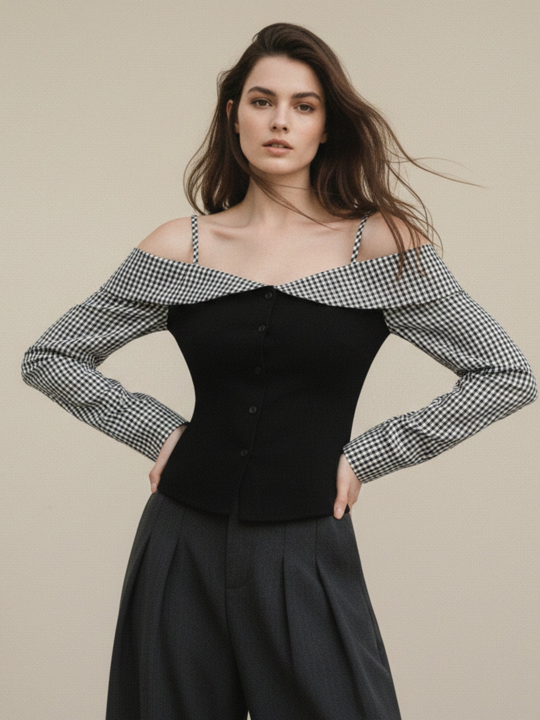 Black Cold Shoulder Checkered Top