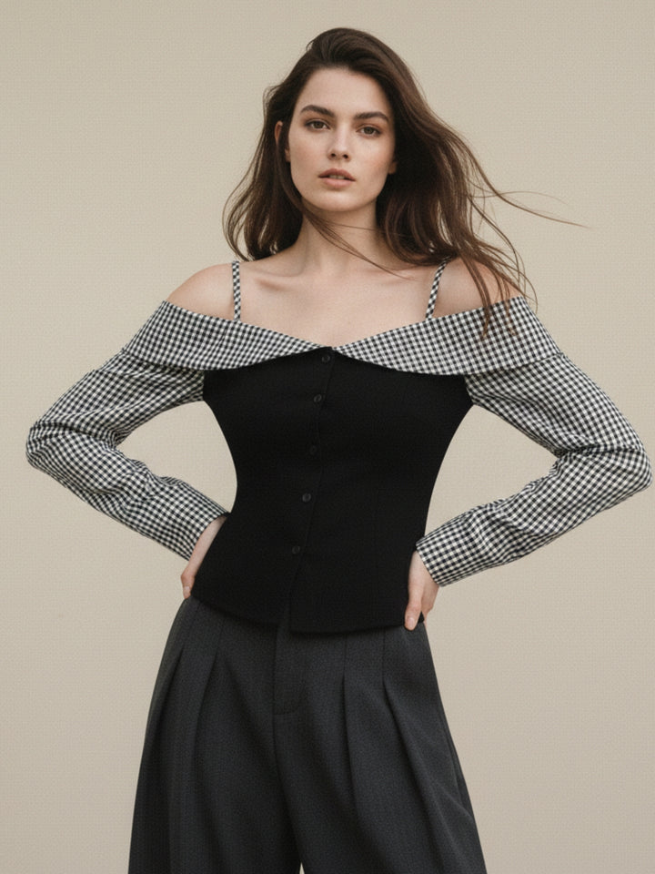 Black Cold Shoulder Checkered Top