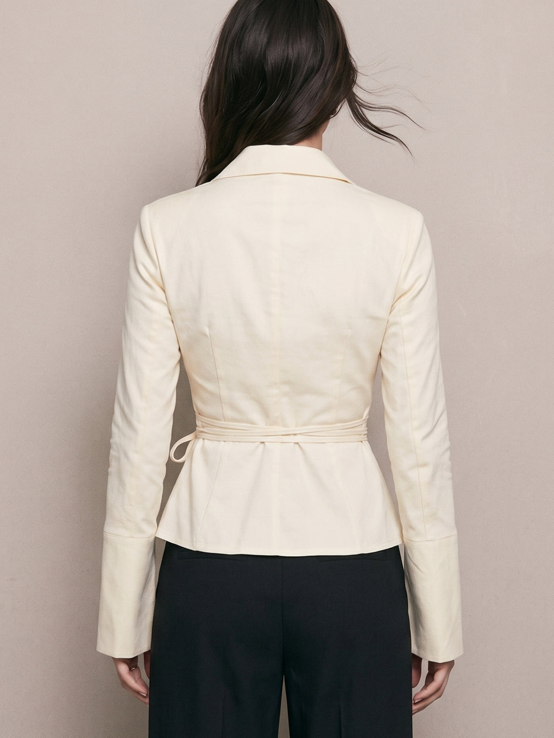 Off White Collared Fitted Shirt With Tie Up Detail