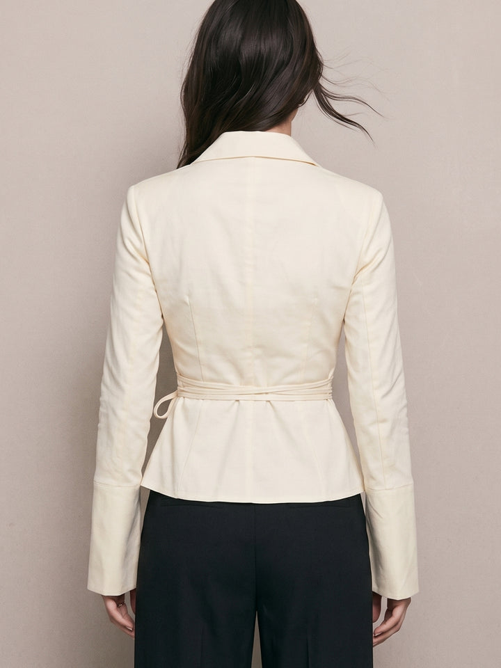 Off White Collared Fitted Shirt With Tie Up Detail