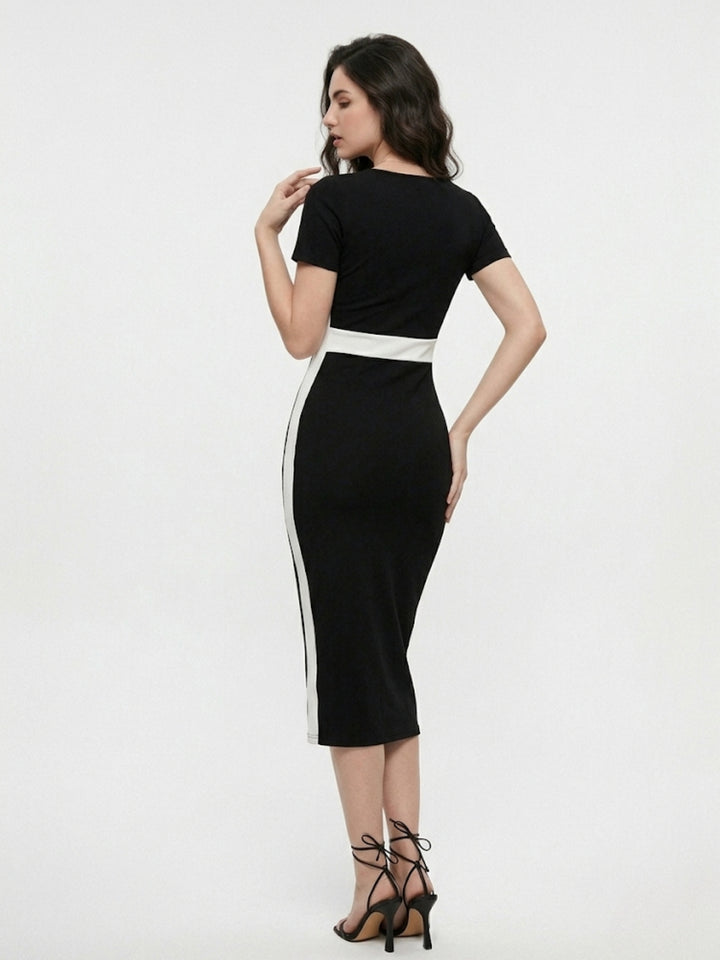 Black Short Sleeve Contrast Panel Dress