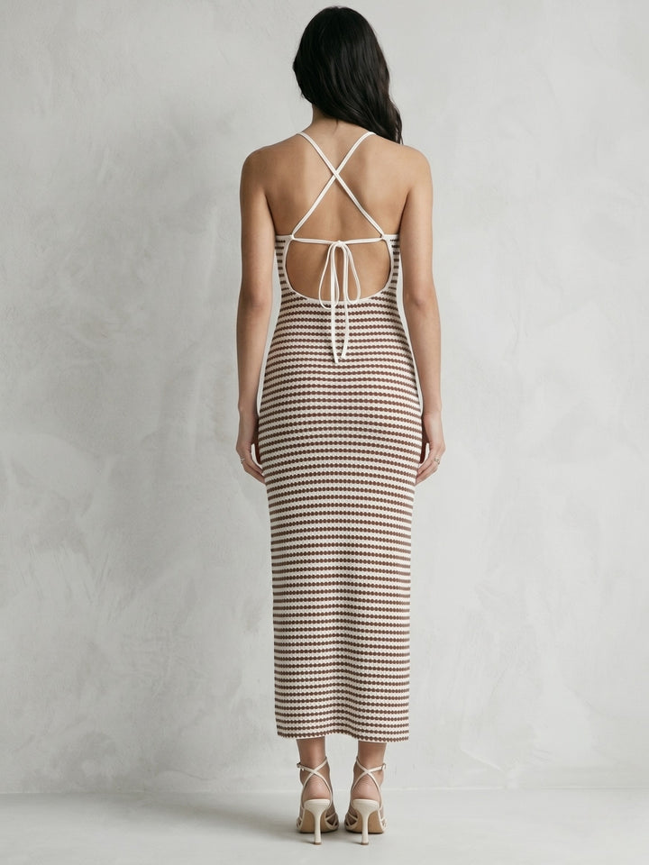 Cream Back Tie-Up Striped Dress