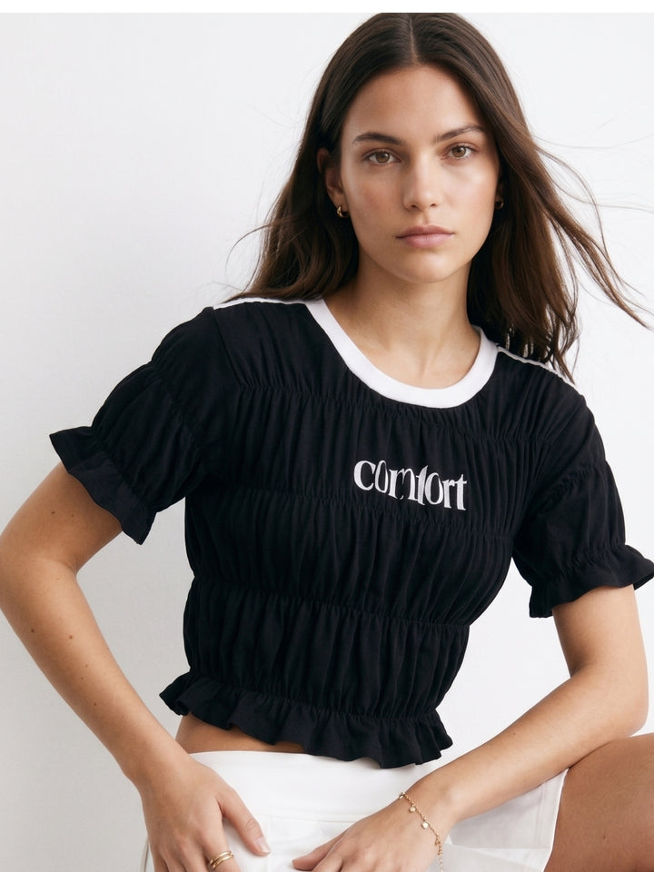 Black Contrast Neck Smocked Top