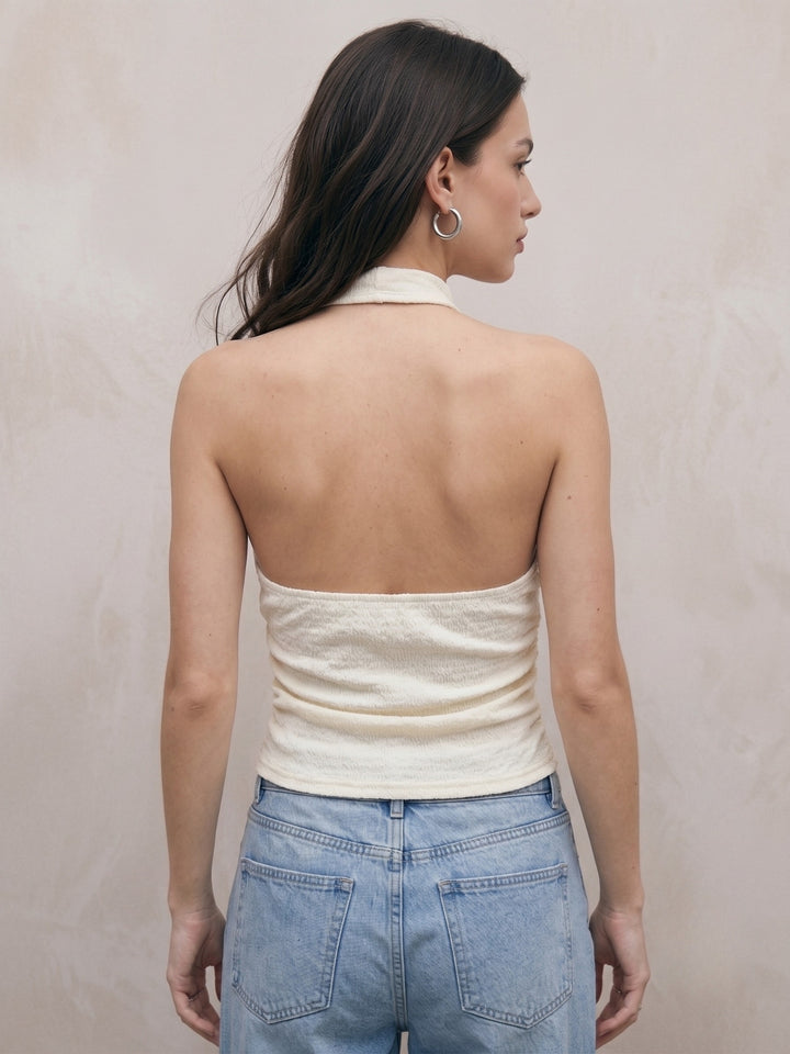 Cream High Neck Semi Cowl Tank