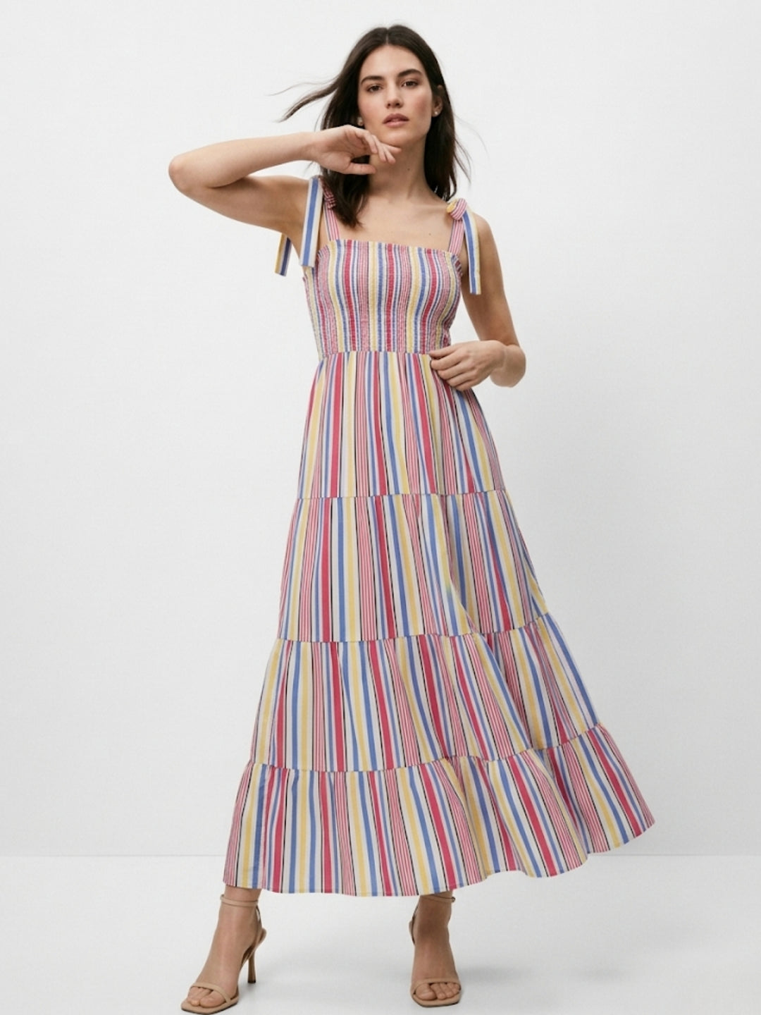 Blue Tiered Ruffled Hem Strap Tie Up Dress