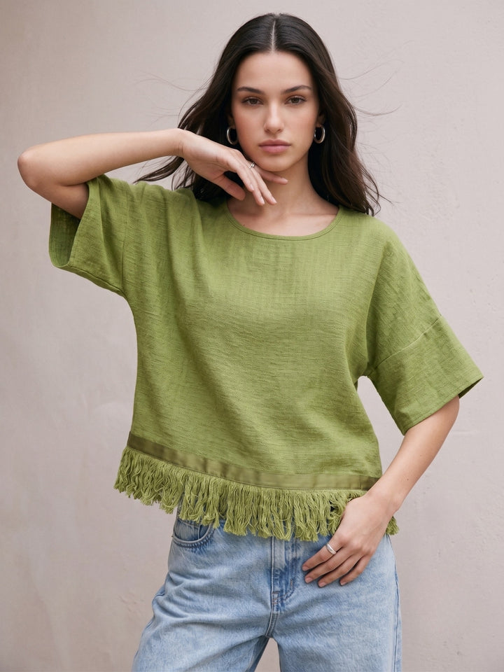 Olive Relaxed Flowy Top With Fringed Hem