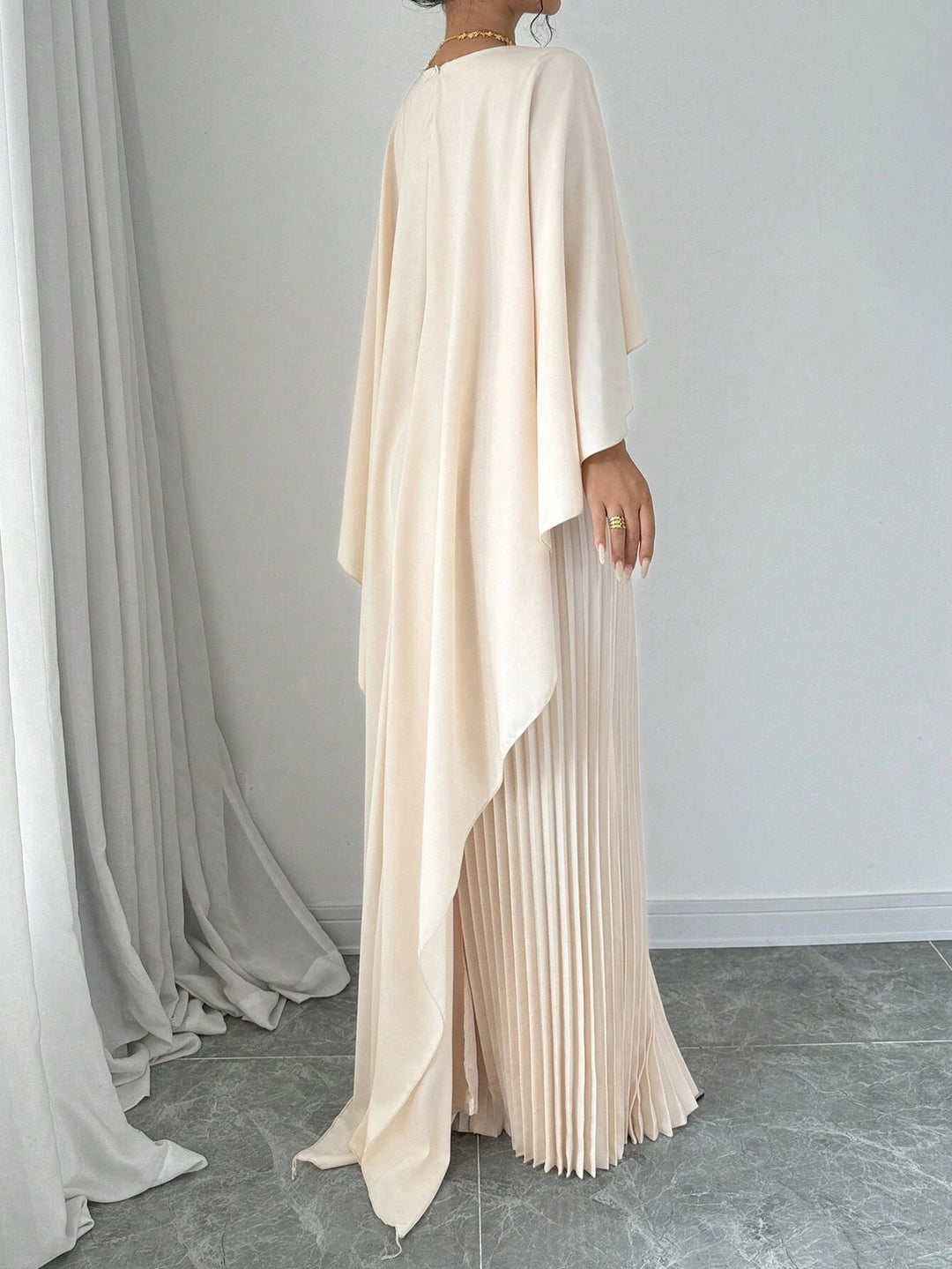 Cream Crew Neck Coverup Pleated Dress