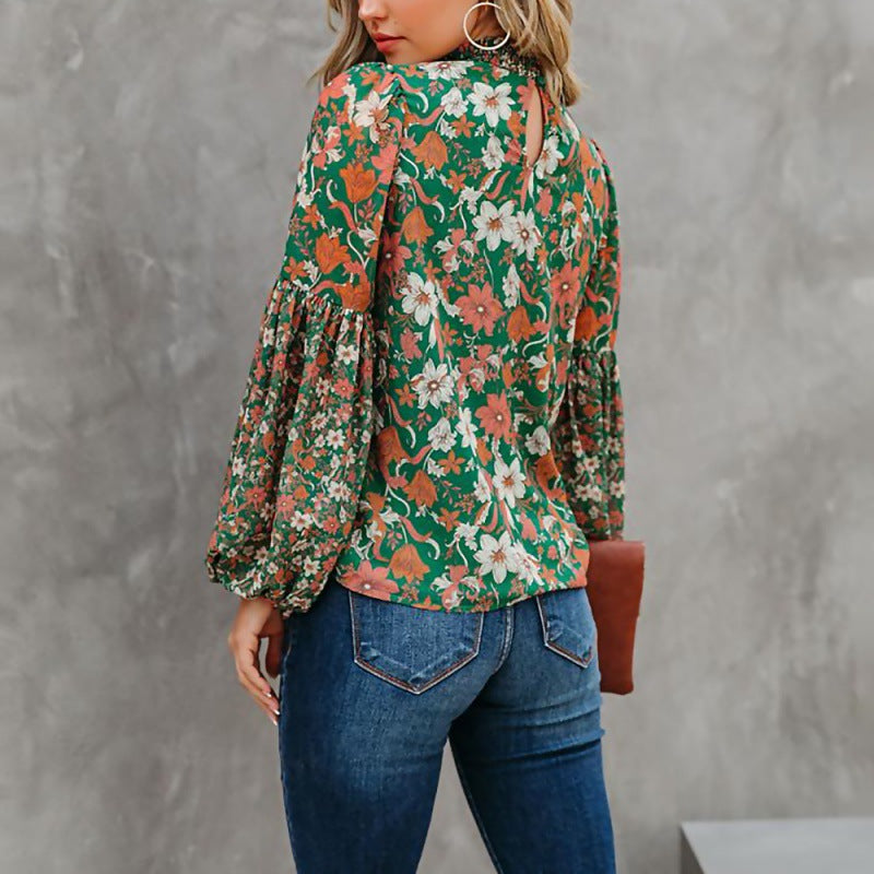 Olive High Neck Printed Full Sleeved Top