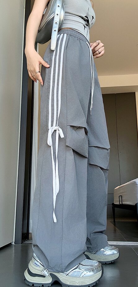 Grey Wide Leg Drawstring Stripe Pin Tuck Sweatpants