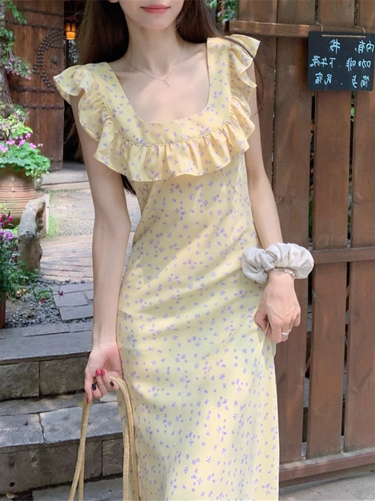 Yellow Printed Ruffle Maxi Dress