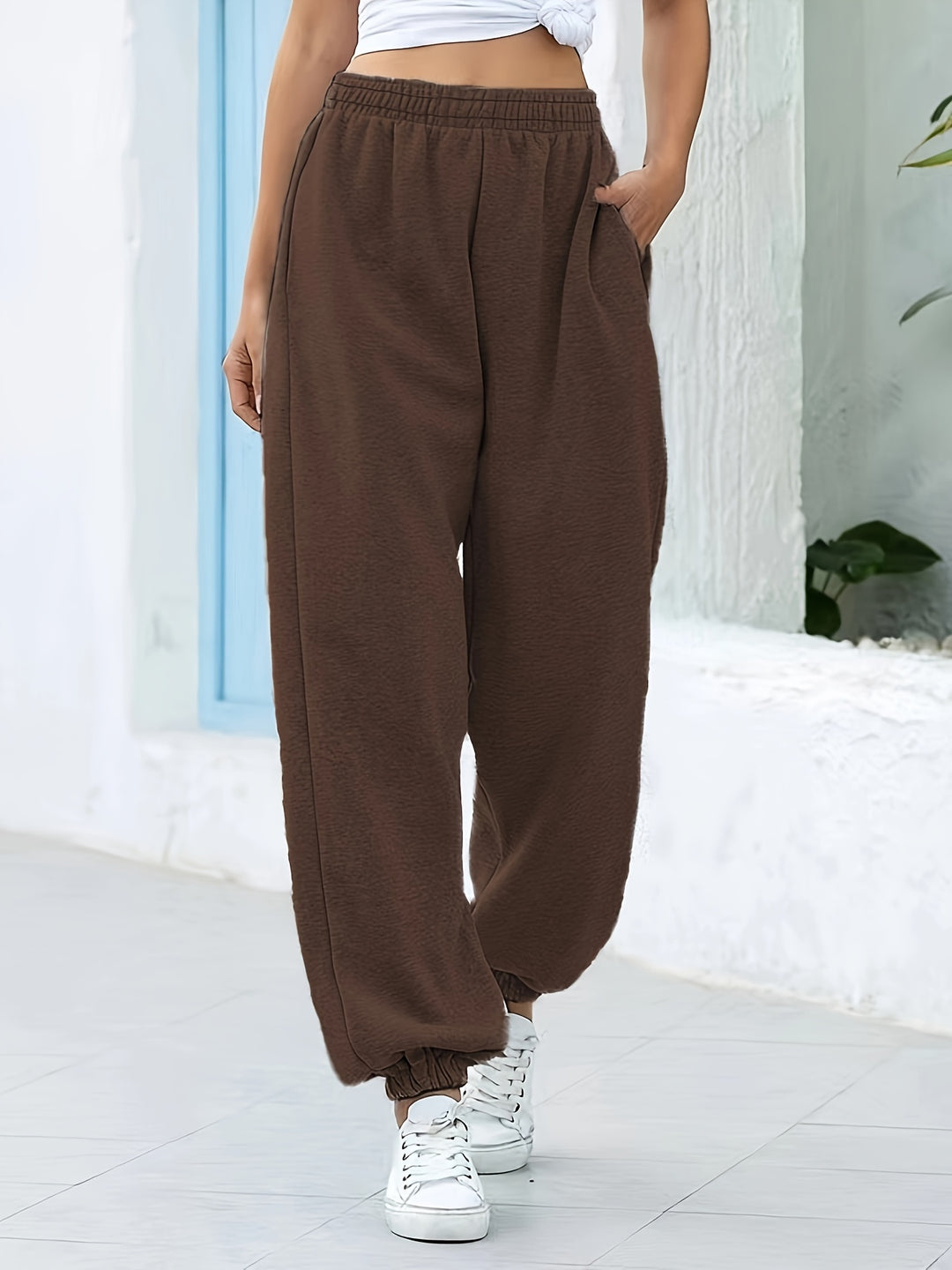 Brown Basic Solid Elasticated Joggers