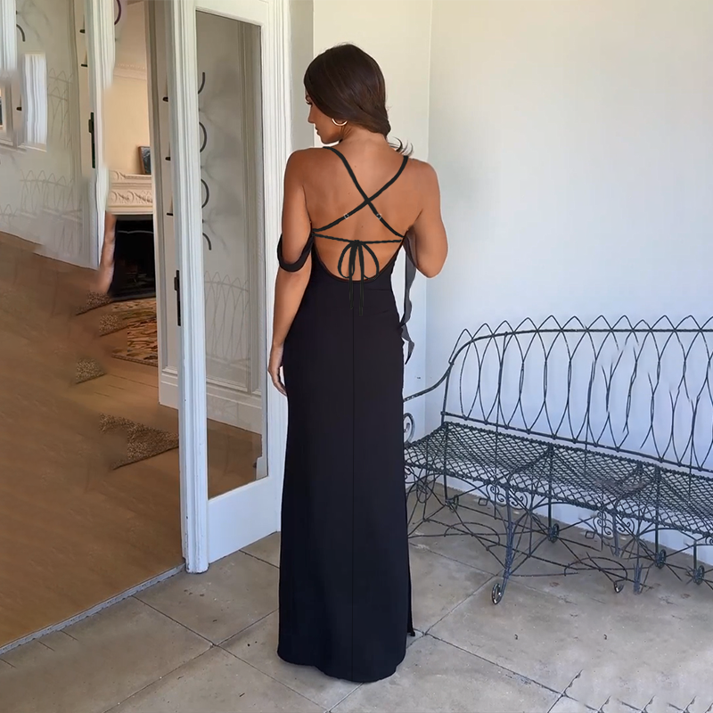 Black Strappy Cowl Neck Solid Dress