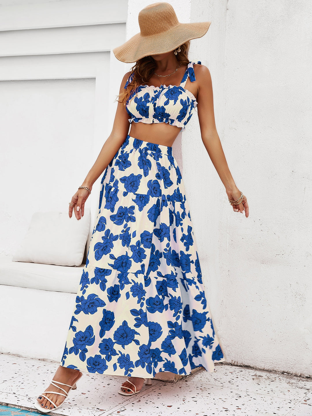 Blue Off Shoulder Crop Top Flared Skirt