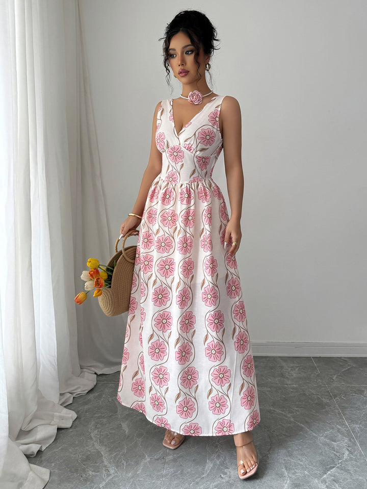 Pink Printed V-Neck Maxi Dress