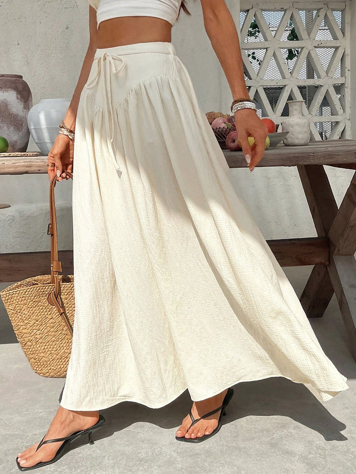 Cream Long High Waisted Flared Skirt