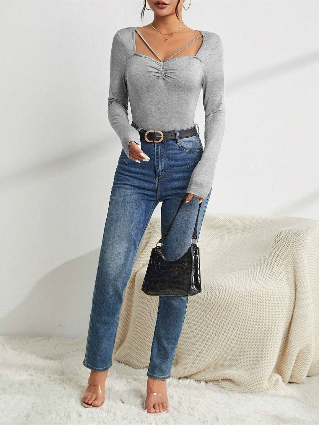Grey Full Sleevd Sweetheart Neck Knit Top