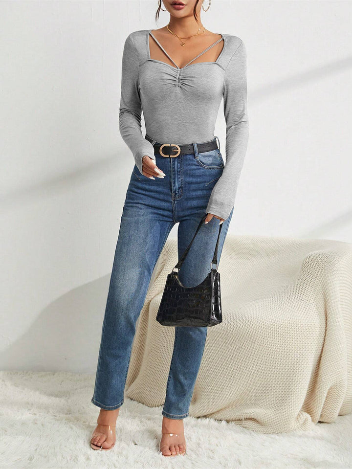 Grey Full Sleevd Sweetheart Neck Knit Top