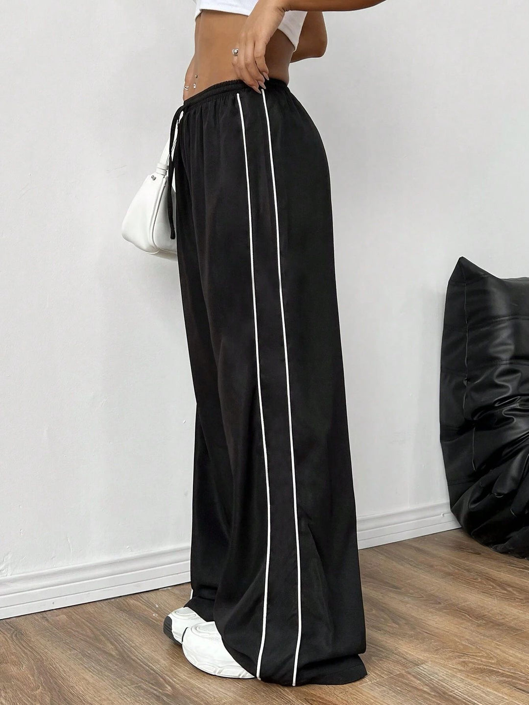 Black Striped Drawstring Wide Leg Joggers