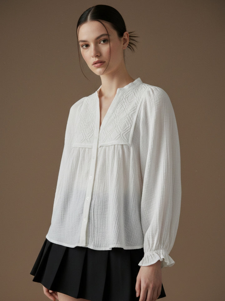 White Mandarin Collared Flowy Shirt