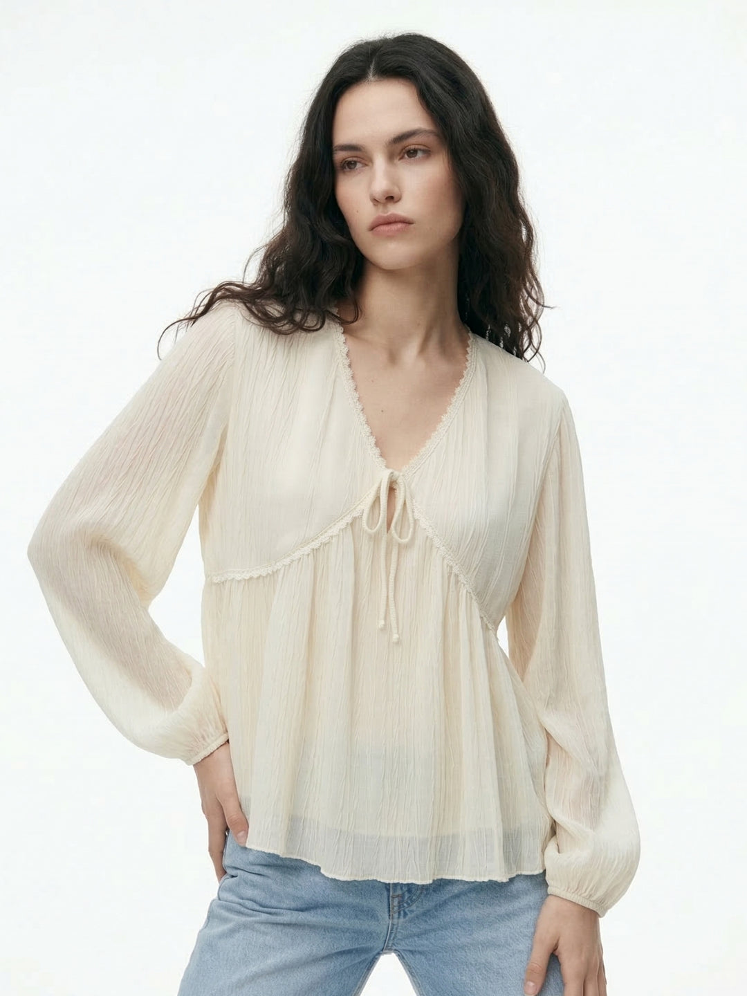 Beige Empire Waist Line Lace Detail Sheer Top