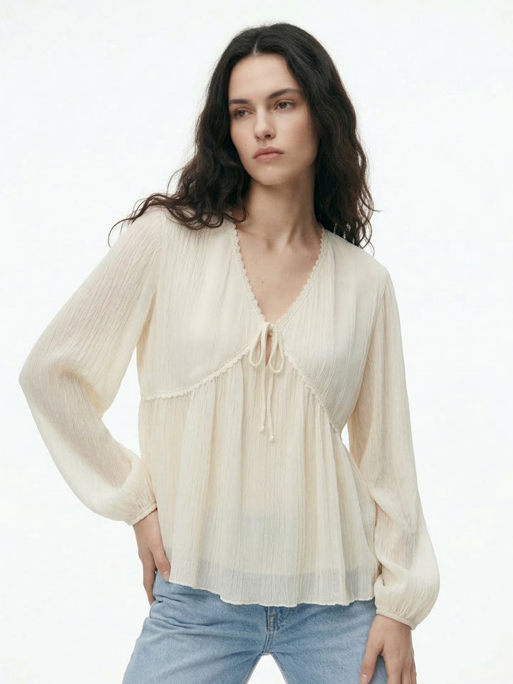 Beige Empire Waist Line Lace Detail Sheer Top