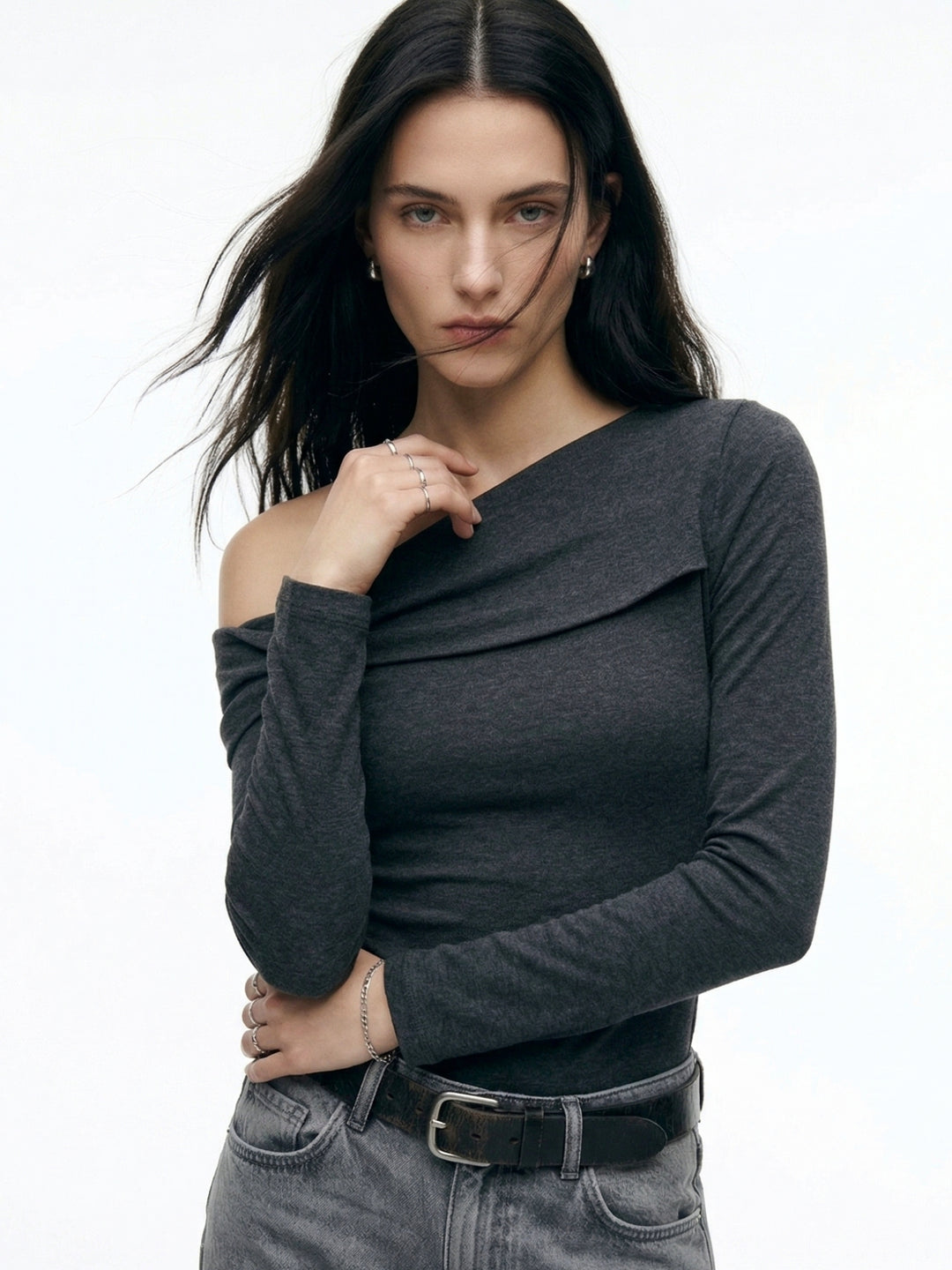 Charcoal Off-Shoulder Twisted Detail Top
