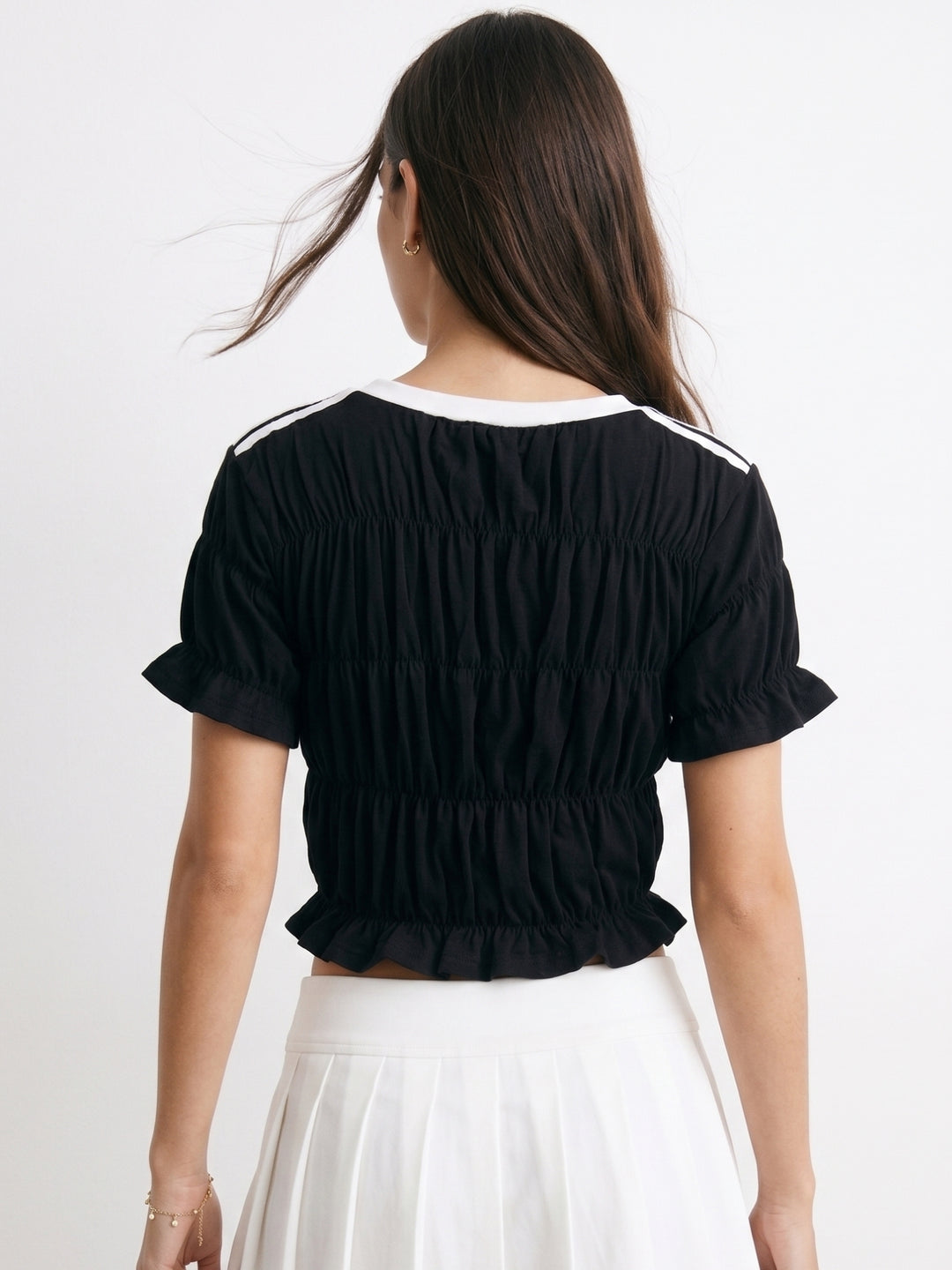 Black Contrast Neck Smocked Top