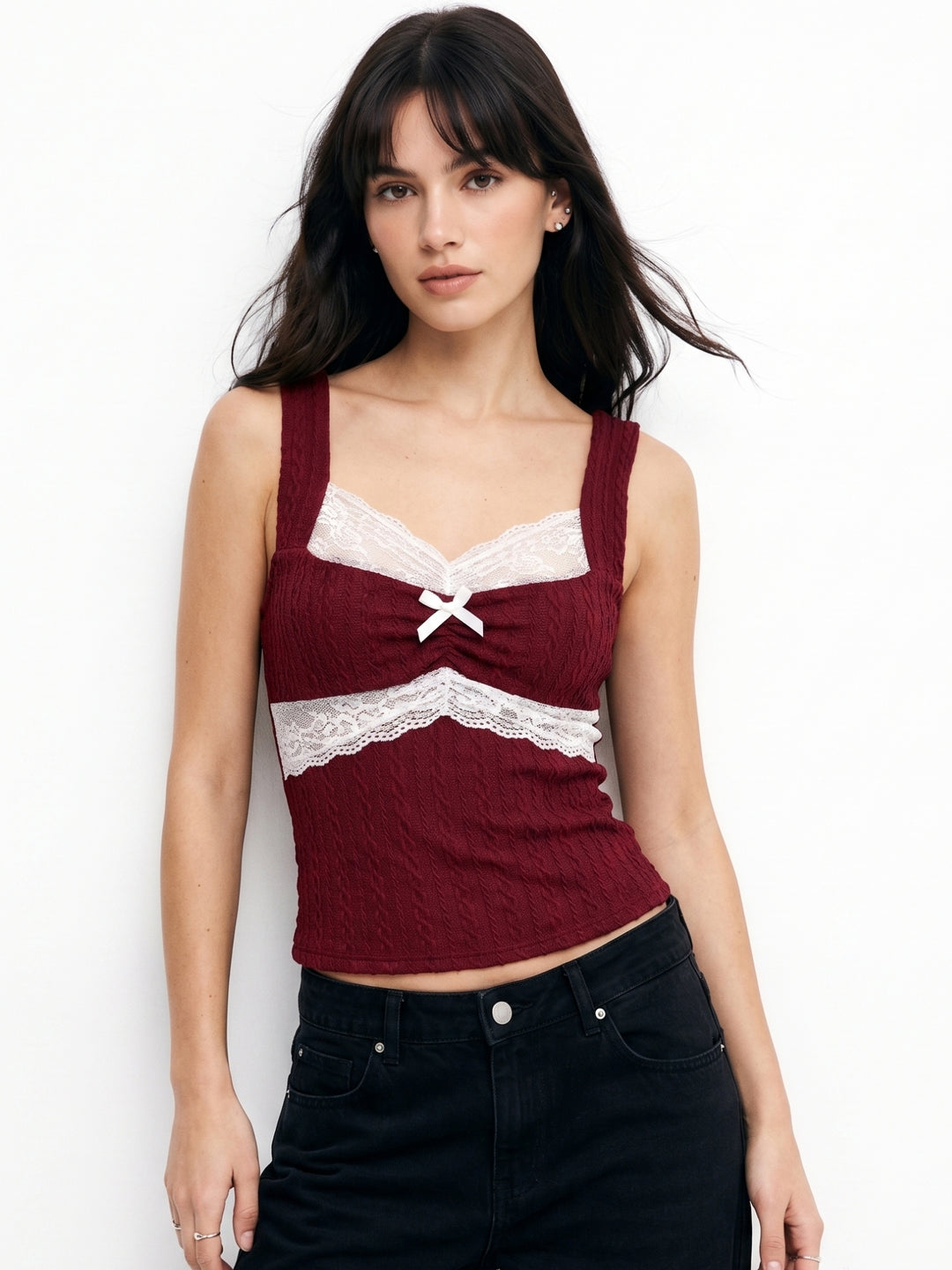 Burgundy Sweetheart Neckline Tank Top With Lace