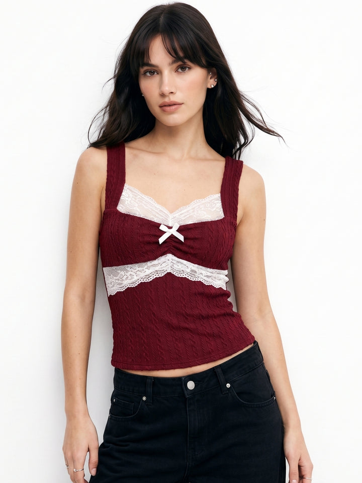Burgundy Sweetheart Neckline Tank Top With Lace