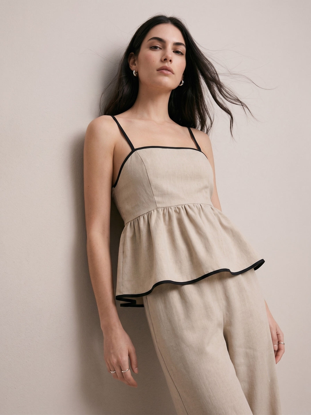 Cream Strappy Peplum Top With Trousers Co-Ord Set