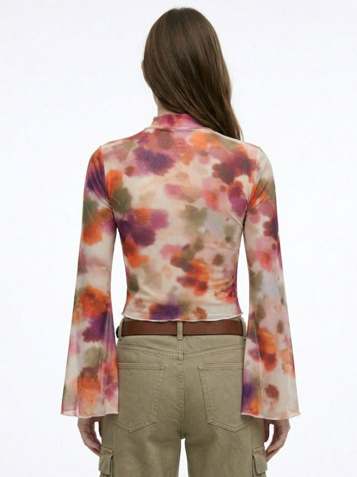 Multi High Neck Printed Mesh Top With Bell Sleeves