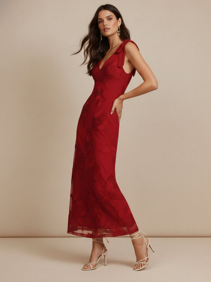 Red Shoulder Tie-Up Textured Dress