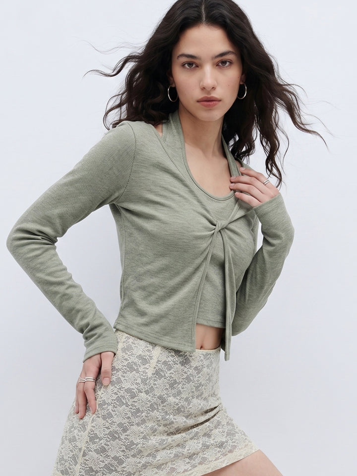 Green Halter Neck Full Sleeves Top