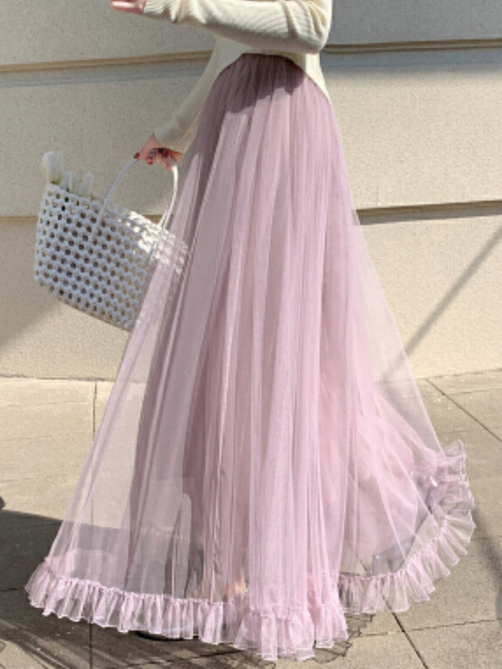 Lilac Sheer A-Line Maxi Skirt With Frilled Hem