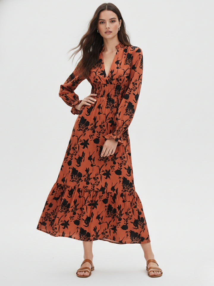 Orange Floral Print Smocked Midi Dress