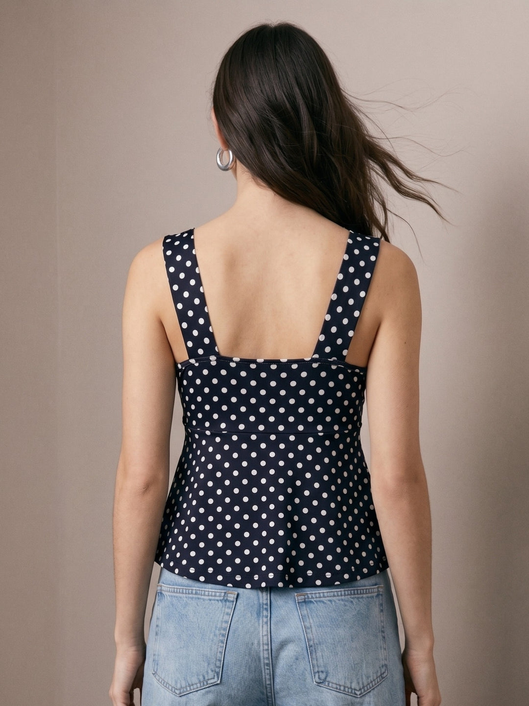 Black Polka Dotted Sweetheart Neckline Peplum Top