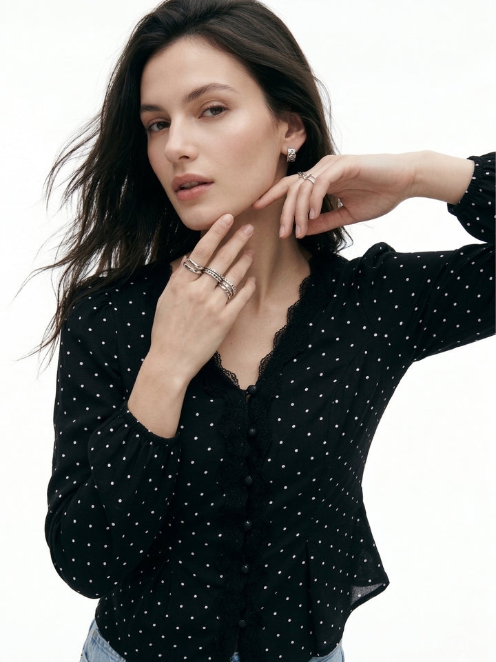Black Polka Dotted Top With Lace Inserts