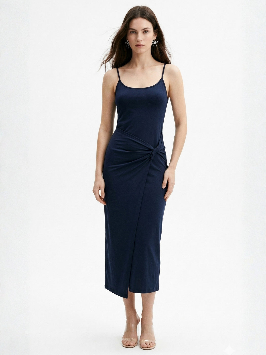 Navy Blue Spaghetti Strap Waist Wrap Dress