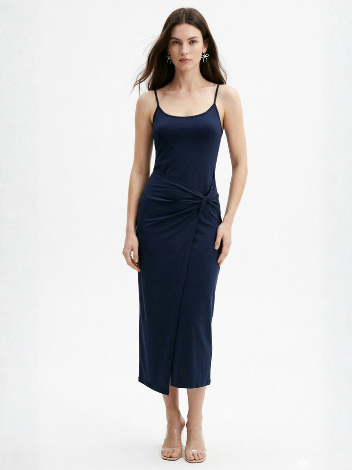 Navy Blue Spaghetti Strap Waist Wrap Dress