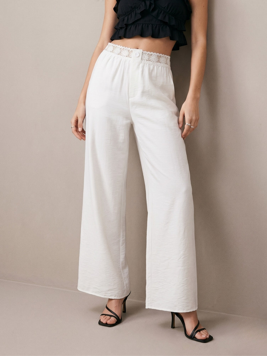White Waist Trim Details Wide Leg Pant
