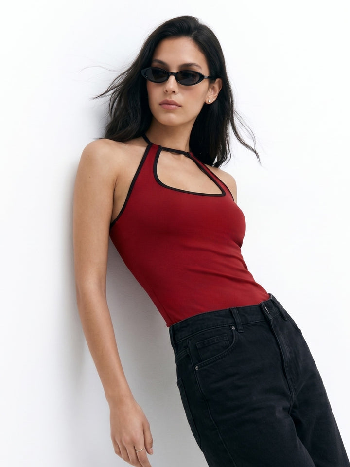 Red Halter Neck Contrast Edge Fitted Top