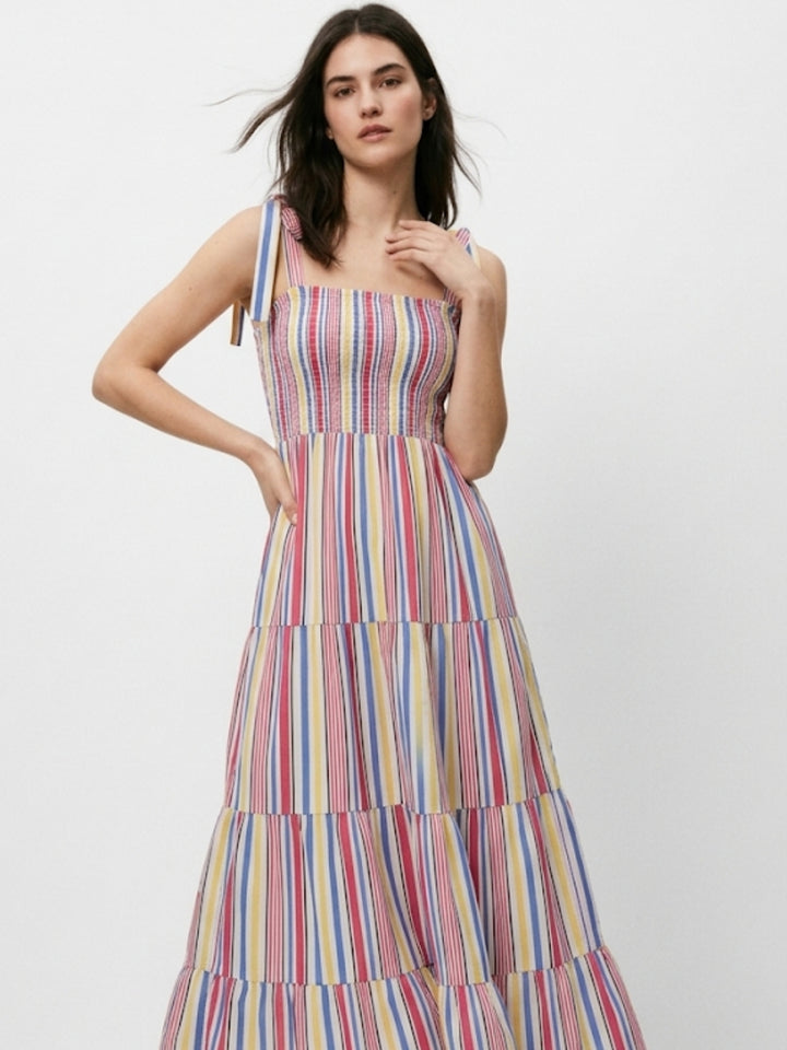 Blue Tiered Ruffled Hem Strap Tie Up Dress