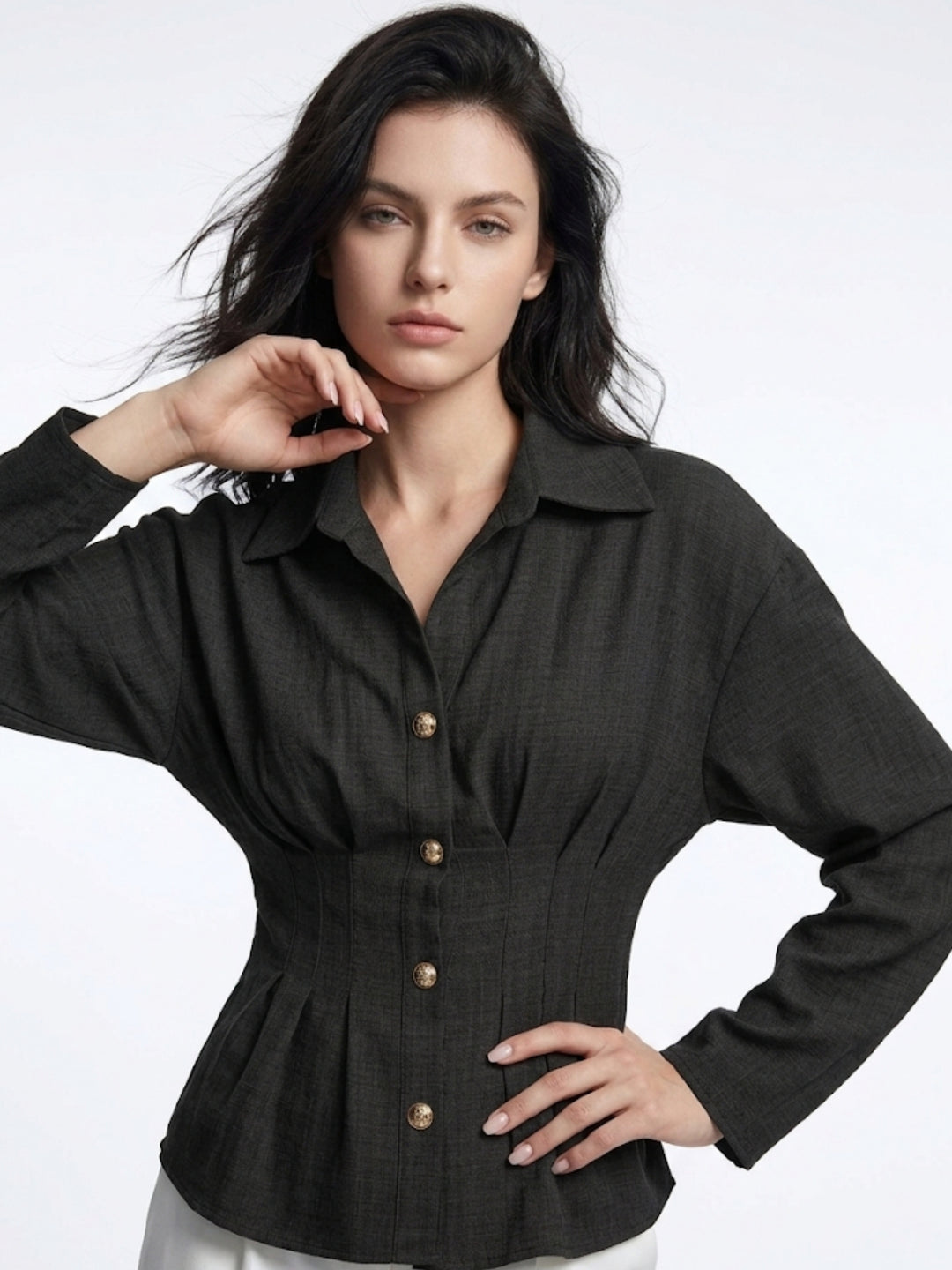 Black Full Sleeves Front Pleated Shirt