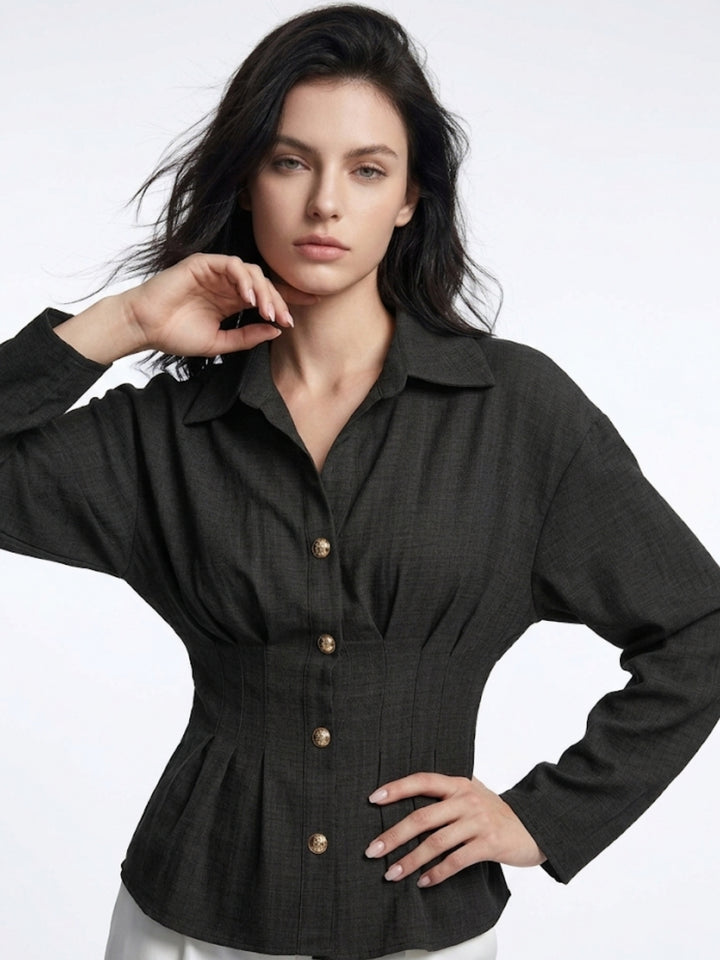 Black Full Sleeves Front Pleated Shirt